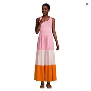 Lands' End Pink, White & Orange Tiered Maxi Dress